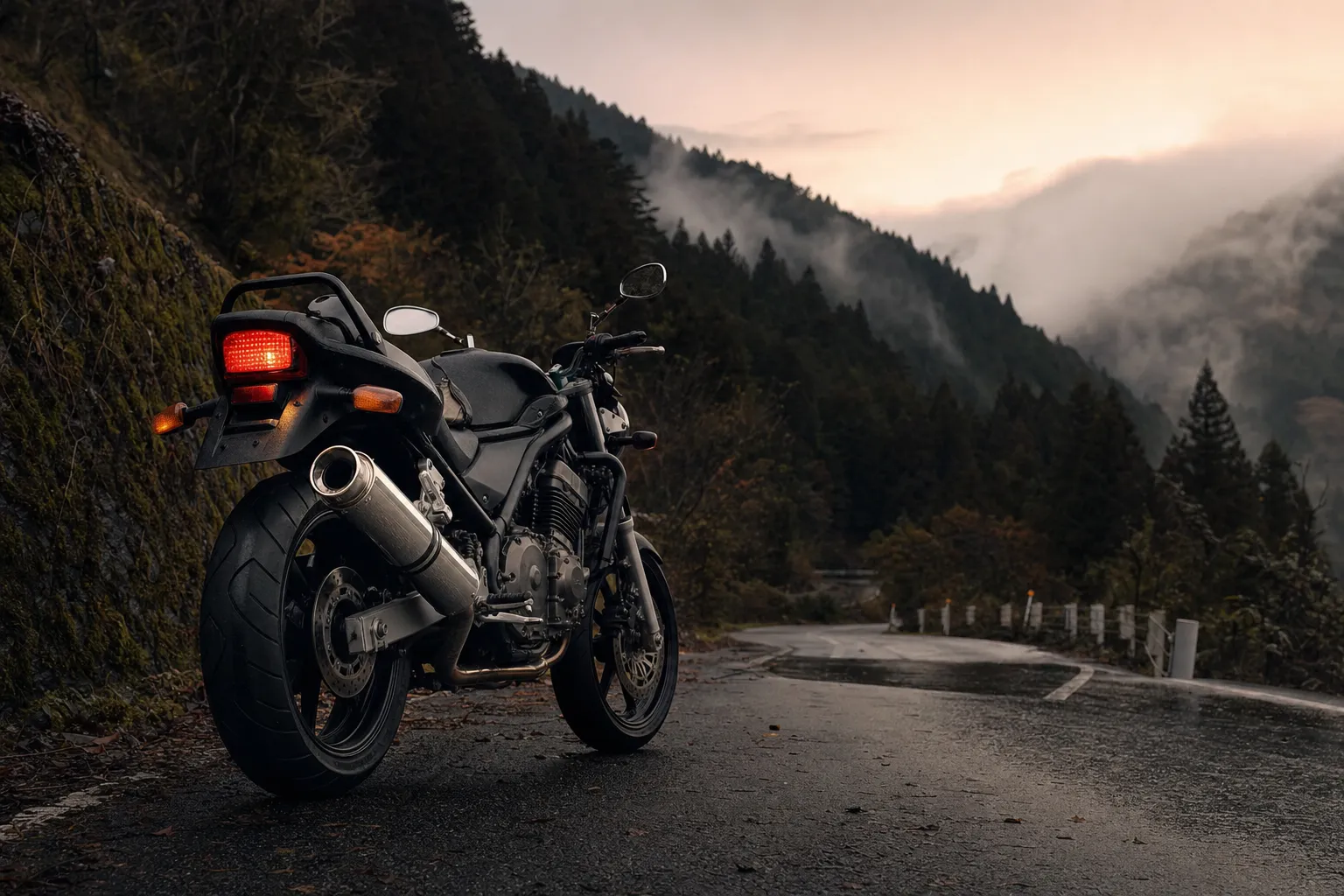 山道に停まるバイクのマフラー